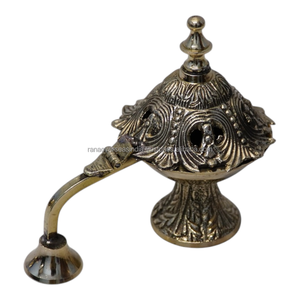 Carved Brass Loban Incense Burner with Handle Portable Charcoal Bakhoor Burner <b>Decorative</b> Design for Home Temple Use - Product Image 1