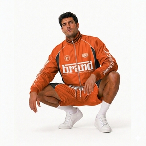 2026 Custom Logo Brand Men's Orange Windbreaker Shorts Set Woven Satin Breathable Casual Sporty Zipper Outerwear Spring Wear - Product Image 5