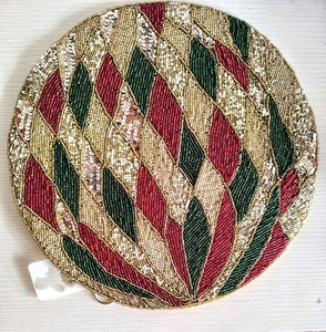 Lujosa alfombrilla de mesa con cuentas que muestra un majestuoso pavo real y motivo de árbol hecho a mano en azul brillante Aqua y oro metálico India - Product Image 5