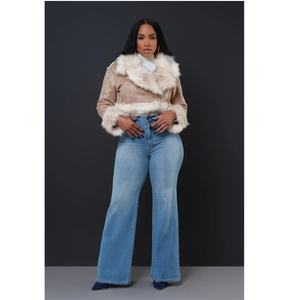 <b>Women's</b> Faux <b>Suede</b> Bomber <b>Jacket</b> With Fur Trim Collar And Cuffs Winter Thick Windproof Short Coat For <b>Women</b> - Product Image 2