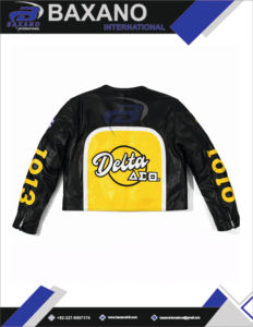 Chaqueta de Motociclista de Cuero Sintético Negro y Amarillo de la Hermandad Delta Sigma Theta DST con Letras Griegas Bordadas para Mujer - Product Image 5
