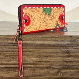 Cartera de mano de cuero genuino repujado con diseño floral de cactus rojo colorido, estilo de moda, para mujer, tarjetero delgado para uso diario, ¡gran oferta! - Product Image 1