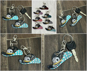 <b>Personalized</b> Vintage Style Hand Tooled Genuine Cow Leather <b>Keychain</b> Western Checkered Pattern Key Ring Bag Charm Wholesale - Product Image 3