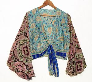 New Arrival <b>Vintage</b> Silk Handmade Printed Wrap <b>Top</b> Bell Sleeve <b>Top</b> Bell Sleeves Crop <b>Top</b> Tunic Dress for Women - Product Image 1