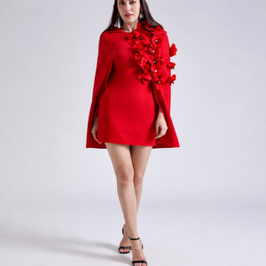 ชุดเดรสผ้าคลุมประดับกลีบดอกไม้สีแดง |   ชุดมินิเดรสลายดอกไม้ 3 มิติ ดีไซน์เนอร์ |   ชุดราตรีพรีเมียมพร้อมแขนเสื้อแบบเคปทรงสวย - Product Image 2