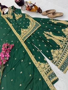 Conjunto de Salwar Kameez Verde Bordado para Mujer, Ropa de Fiesta India y Pakistaní, Vestido de Graduación, Diwali, Boda, Seda Chinon - Product Image 3