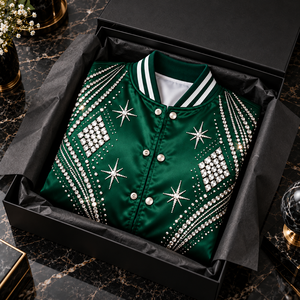 Chaqueta Varsity Casual de Satén con Pedrería, Chaqueta Bomber Brillante a la Moda con Decoraciones de Estrellas de Cristal y Puños Acanalados - Product Image 5