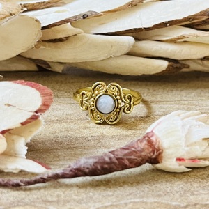 Luxury Style Vintage Boho Filigree <b>Moonstone</b> Ring Brass <b>Jewelry</b> For Women 18K Gold Plated Dainty Floral Statement Wholesale Ring - Product Image 1