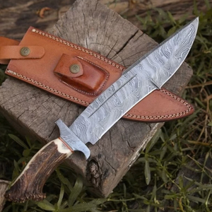 Premium Silver Damascus <b>Steel</b> Hunting Bowie Knife with Brown Natural Antler Handle Fixed Blade <b>Outdoor</b> Survival Camping Knife - Product Image 1
