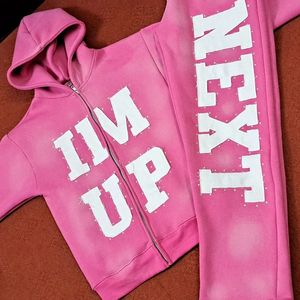 High Quality Custom Oversized Acid Wash <b>Tracksuit</b> <b>Pink</b> Distressed Raw Edge Patchwork Rhinestone Full Zip Hoodie Sweatpants Set - Product Image 3