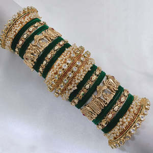 Elegant Gold Plated Pota Stone and Pearl Meenakari Velvet Bangles Set for Women Jewelry Festival Party Wear <b>Accessories</b> - Product Image 1