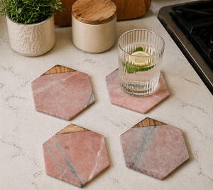 Juego de Posavasos Hexagonales de Mármol Rosa Hechos a Mano con 10 mm de Grosor, Posavasos de Lujo para Bebidas, Decoración para el Hogar y la Cocina - Product Image 1