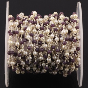 Chaîne de perles rondes en pierre précieuse hydro-perle violette, plaquée argent 925, pour la fabrication de bijoux, avec corail rouge et perle naturelle, en sac OPP, vente en gros - Product Image 6