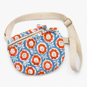 Cute Cotton Block Printed Cross Body Bags in Blue & <b>Orange</b> Flowers for Wholesale rates Fanny Pack/Sling Bags Adjustable Straps - Product Image 1