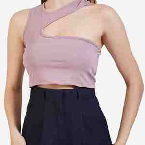 Débardeur court asymétrique à découpes pour femme, couleur unie, respirant, en tricot de spandex et polyester, sans manches, idéal pour l'été – Nouvelle collection très prisée - Product Image 1