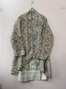 Manteau long vintage fait main en tissu Kantha imprimé au bloc, taille unique - Product Image 6