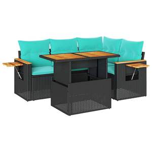 Ensemble de canapés de patio en polyrotin noir et acacia, 5 pièces, avec coussins, pour usage en jardin - Product Image 2