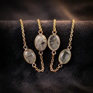 Collier en laiton serti de préhnite naturelle, pendentif en pierre précieuse fait main, bijoux en gros - Product Image 3
