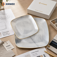 Juego de Platos de Cerámica de Marca Privada, Cuadrados, Grises con Borde Dorado, Platos de Cerámica OEM, Platos de Cerámica ODM, Proveedor de Platos de Cerámica con Logotipo Personalizado