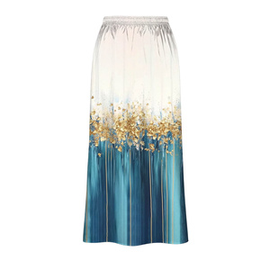 Elegant Women's Chiffon Floor-Length <b>Skirt</b> Abstract Blue Gold Print High <b>Elastic</b> <b>Waist</b> Soft Flowy A-Line Design All Seasons Wear - Product Image 3
