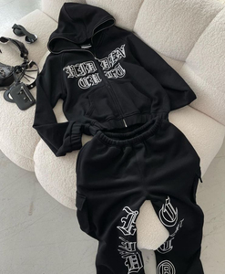 Ensemble de survêtement gris à capuche pour femme, fermeture éclair intégrale, imprimé logo, sweat-shirt décontracté et pantalon coupe ample, streetwear automne, 100% coton - Product Image 6
