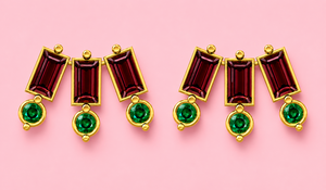 Gold Tone Rectangular Ruby Color 925 <b>Sterling</b> <b>Silver</b> <b>Stud</b> Earrings Round Green Stone Dangle Earrings Handmade Jewelry Gift - Product Image 3