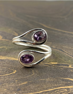 Elegant <b>Adjustable</b> <b>Silver</b> 925 Bypass <b>Ring</b> Oval Cut Two Purple Amethyst Birthday Anniversary Jewelry Gift - Product Image 2