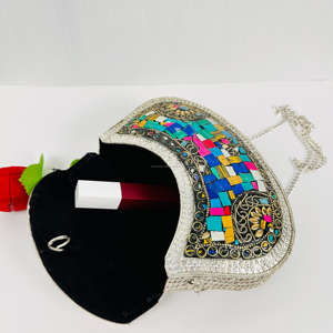 Venta caliente moderno pulido plata Multicolor mosaico étnico Metal bolso de mano hecho a mano antiguo boda Sling Crossbody chapado en oro - Product Image 2