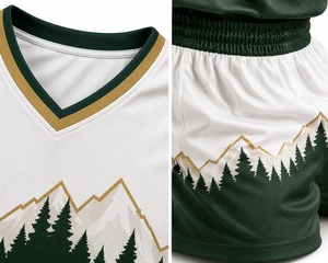 Ensemble de maillots de basket personnalisés sublimés, col en V, manches courtes, vert et blanc, anti-humidité, séchage rapide, taille élastique, 100% - Product Image 2