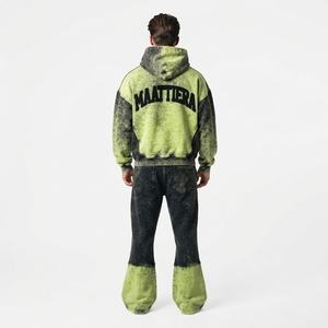 <b>Mens</b> Lime <b>Green</b> Black Acid Wash Color Block Zip Jacket Wide Leg Pants <b>Tracksuit</b> Set Custom Streetwear Outfit Trendy - Product Image 2