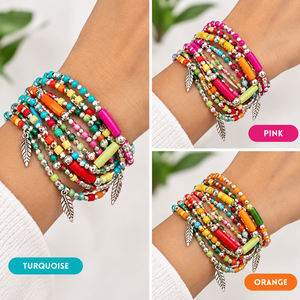 Handmade Colorful Beaded <b>Silver</b> <b>Bracelet</b> Set | Boho <b>Feather</b> Charm Layered Stackable Summer Jewelry Gift for Women - Product Image 3