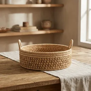 Panier en paille naturelle tissé à la main avec poignées, panier de rangement rond en osier, décoration rustique bohème pour la maison - Product Image 3