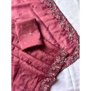 Sari de Mujer de Seda Pura Color Rosa Coral de Elite Weaves, Diseño Floral Multicolor Bordado, 490g - Product Image 2