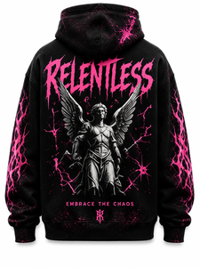 Sweat à capuche noir Relentless pour homme, style streetwear, coupe oversize, imprimé éclair rose, logo frontal, poche, manches classiques - Product Image 2