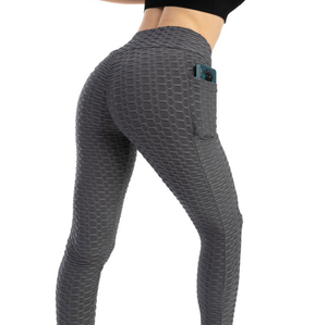 Leggings noirs taille haute avec poches, extensibles, tricotés, sportifs, longueur intégrale, sans coutures, en spandex et nylon respirant - Product Image 2