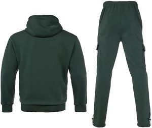 Ensemble de survêtement pour homme vert foncé à capuche, fermeture éclair intégrale, couleur unie, décontracté, athlétique, 100 % coton respirant, épais, hiver - Product Image 2
