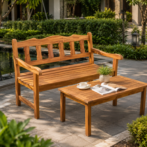 Luxury Solid Teak Outdoor Garden <b>Bench</b> with Coffee <b>Table</b> Patio Furniture for Resort Villa Hotel Courtyard - Product Image 1