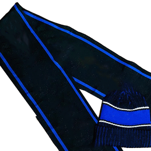Ensemble Écharpe Longue Tricotée Rayée Bleu Royal et Noir, Bonnet et Gants – Accessoire d'Hiver de Luxe à Franges pour Sororité, Sport et Université - Product Image 4