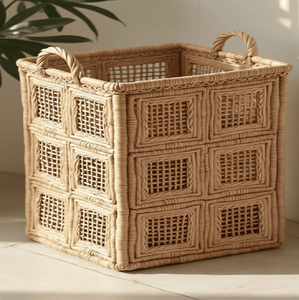 <b>Square</b> woven rattan laundry <b>basket</b> featuring raised paneled box-grid patterns and top twisted handles, available at wholesale. - Product Image 1