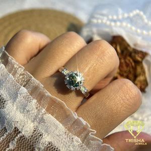 Bague unique en moissanite verte, coupe ronde, argent, inspirée des fleurs, bague de fiançailles, bijoux de luxe - Product Image 3