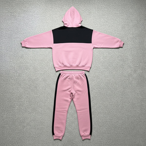 2026 Top Trending Men <b>Pink</b> Color Blocking Hooded <b>Tracksuit</b> Set With Drawstring Pants And Front Logo Print Casual Autumn Wear - Product Image 2
