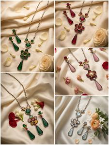 No.135 Gold <b>Statement</b> <b>Necklace</b> Set With Green Crystal And Pink Rhinestone Tassel Design For Women Wedding Jewelry - Product Image 2