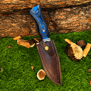 Cuchillo de Camping Hecho a Mano de Grado Industrial, Hoja de Acero de Damasco con Punta Caída, Borde Recto, Mango de Madera Pakka, Funda de Cuero - Product Image 6