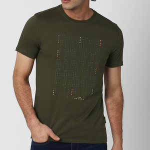 T-shirt à manches courtes pour homme, vert olive, col rond, coupe classique, imprimé à pois, jersey de coton, haut décontracté - Product Image 5