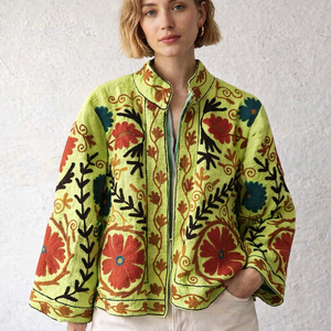 Blouson Bomber Automne Hiver Printemps Respirant en Coton Brodé à Bouton Unique en Nylon Tricoté et Laine - Product Image 2