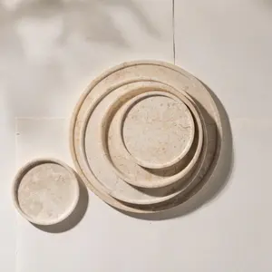 Plateau de service rond en marbre beige, fait main, moderne, résistant au feu, décoratif pour la cuisine, le salon, la villa, revêtement mural - Product Image 4