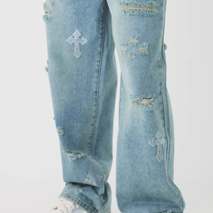 Men Streetwear Baggy Jeans Hip Hop Men's Loose Pants Women Oversized Distress Embroidery <b>Work</b> Denim Jeans - Product Image 4