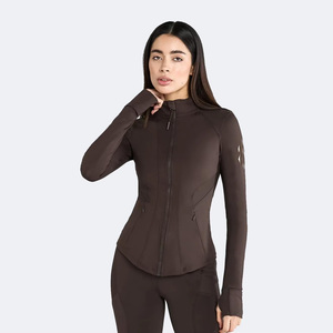 Women's Full Zip <b>Yoga</b> <b>Jacket</b> With Thumbholes Solid Color Stretchy Long Sleeve Stand Collar Breathable Fitness <b>Jacket</b> - Product Image 4