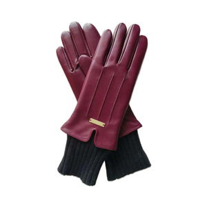 Burgundy Leather <b>Gloves</b> With <b>Wool</b> Lining Thermal Winter Wrist Length Casual Plain Style - Product Image 3