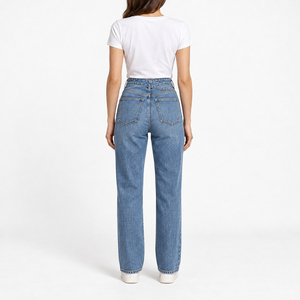 Jeans de Mezclilla Elásticos de Cintura Alta y Pierna Recta para Mujer, Corte Ajustado, Color Azul Medio, Marca Privada OEM, Tallas XS-6XL - Product Image 2
